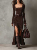 Zipper Square-neck Slit Maxi Dress