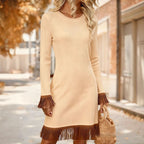 Women's Creative Retro Printed Comfortable Soft Crew-Neck Slim-Fit Fringed Dress