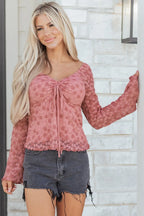 Pink Floral Lace Bell Sleeve Square Neck Blouse Women UK