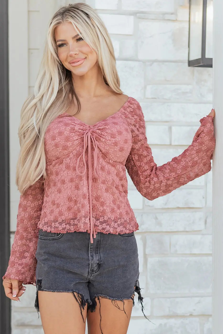 Pink Floral Lace Bell Sleeve Square Neck Blouse Women UK