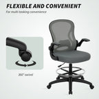 Vinsetto Drafting Chair, Ergonomic Tall Office Chair with Flip-up Armrests, Mesh Back, Lumbar Support, Adjustable Height and Foot Ring, Swivel Wheels, for Standing Desk, Charcoal Grey