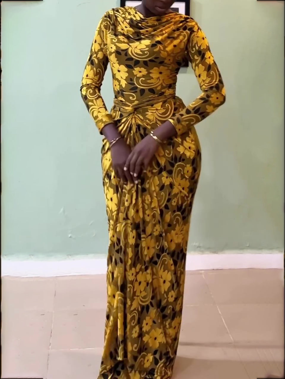 Floral Print Cowl Neck Waist-Cinched Maxi Dress