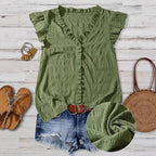 New Women's V-neck Ruffled Short-sleeve Blouse Loose-fit Figure-flattering Top With Lace Detailing