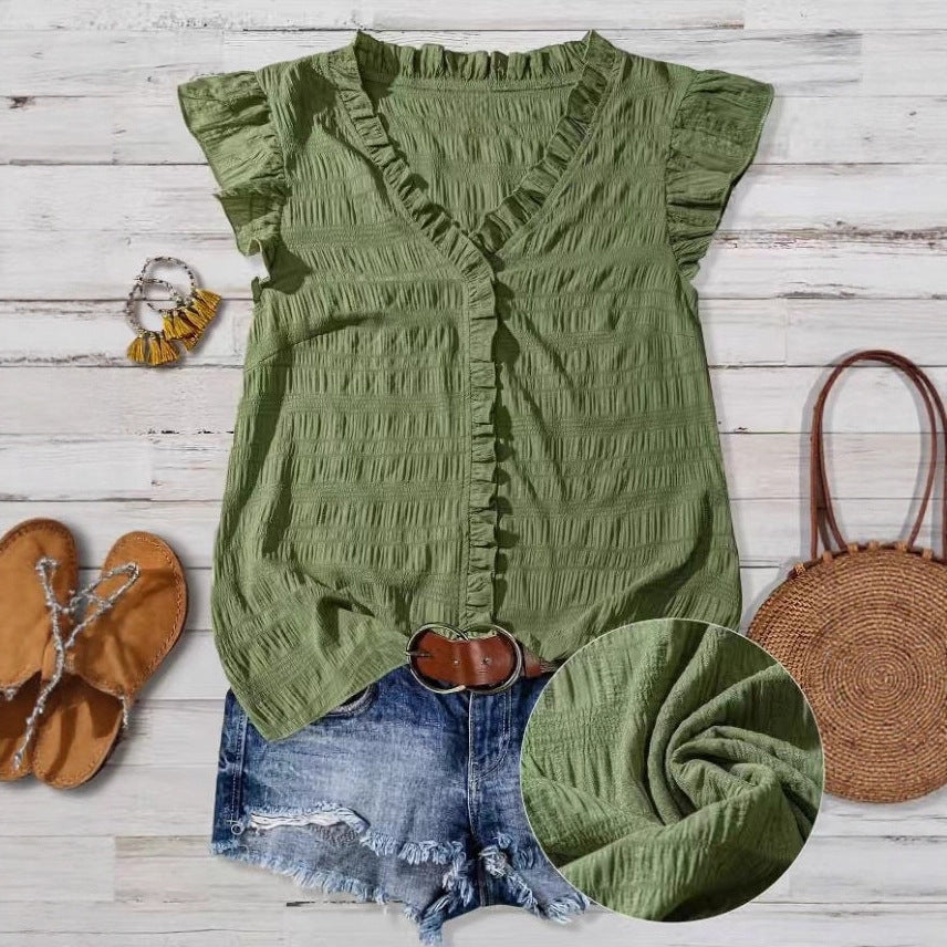 New Women's V-neck Ruffled Short-sleeve Blouse Loose-fit Figure-flattering Top With Lace Detailing