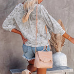 Printed Lantern Three-Quarter Sleeve V-Neck Loose Casual Ladies Blouse