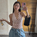 Sexy Black Polka-Dot Printed All-Match Backless V-Neck Halter Neck Bodycon Tank Top