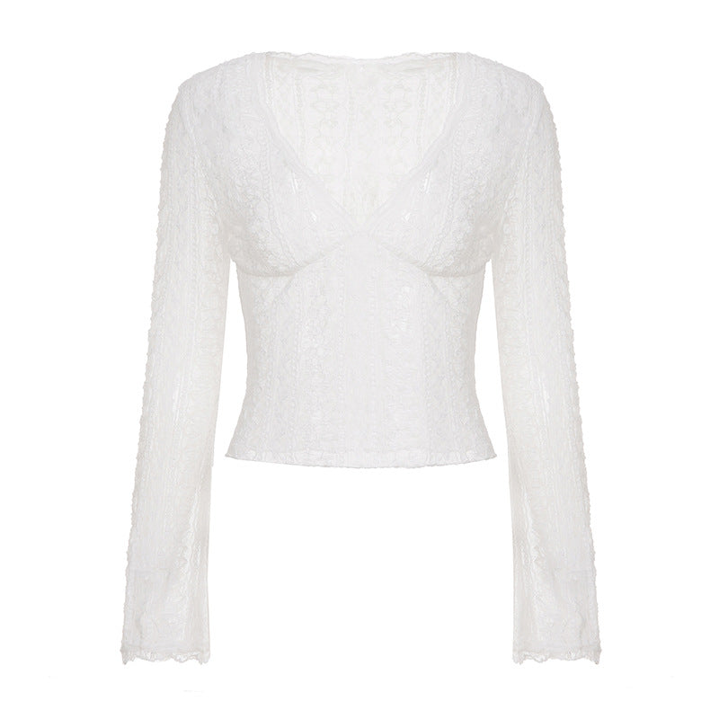 Women's Lace Sheer Top With Flared Sleeves And Cropped Design