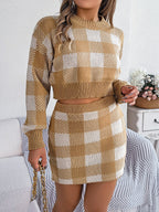Women Casual Color Block Plaid Long Sleeve Cropped Sweater & Skirt Set
