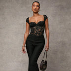Sexy Short-sleeved Black Square-neck Bodysuit Sheer