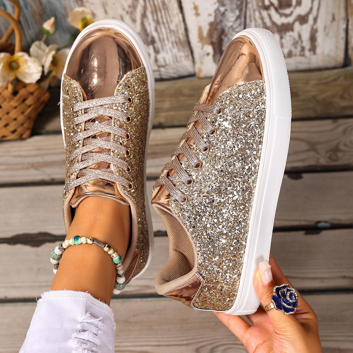 Plus Size Sequined Front Lace-up Solid Color Plus Size Board Shoes