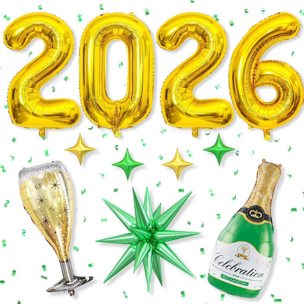 Dagelar Gold 2026 Balloons – 40in Gold Foil Balloons with Green Stars for New Year & Class of 2026 Graduation