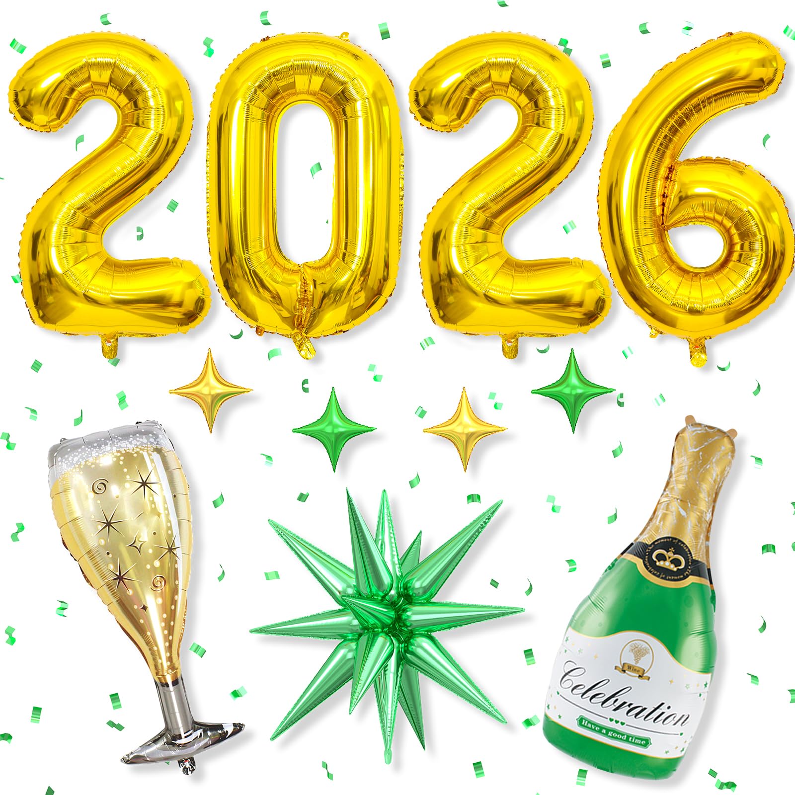 Dagelar Gold 2026 Balloons – 40in Gold Foil Balloons with Green Stars for New Year & Class of 2026 Graduation