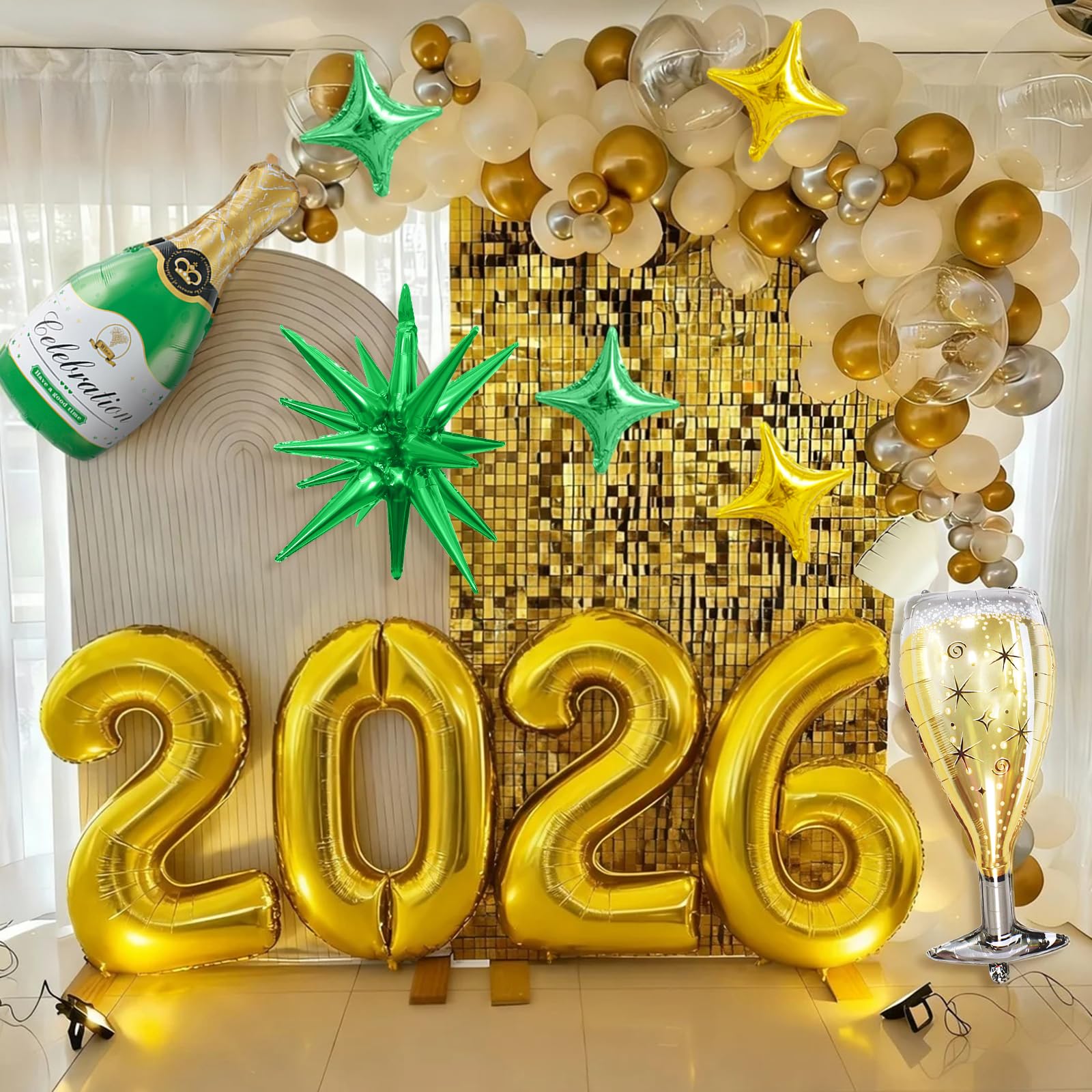 Dagelar Gold 2026 Balloons – 40in Gold Foil Balloons with Green Stars for New Year & Class of 2026 Graduation