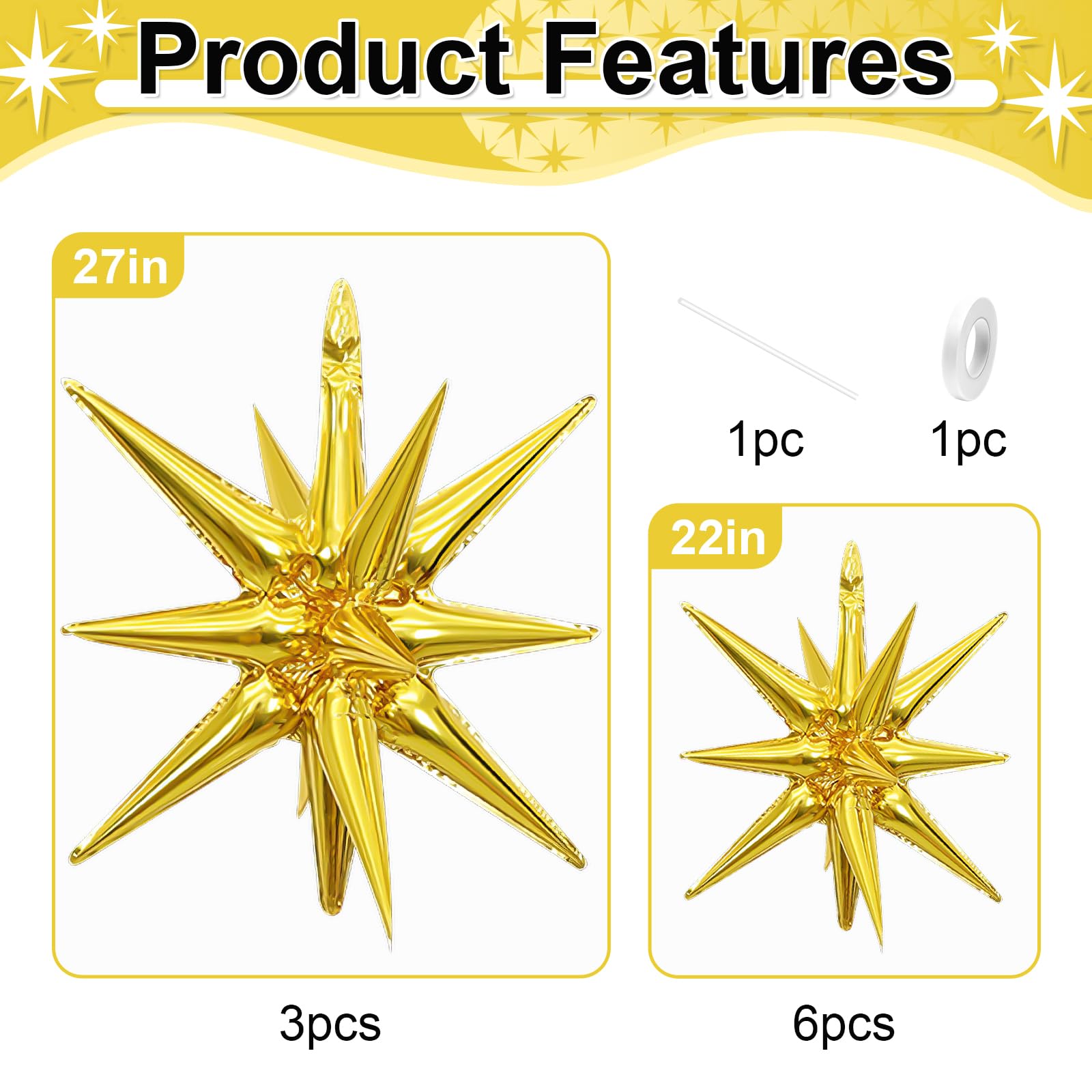 Dagelar 9Pcs Gold Star Balloons – 27in & 22in Explosion Foil Balloons for Parties