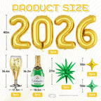 Dagelar Gold 2026 Balloons – 40in Gold Foil Balloons with Green Stars for New Year & Class of 2026 Graduation