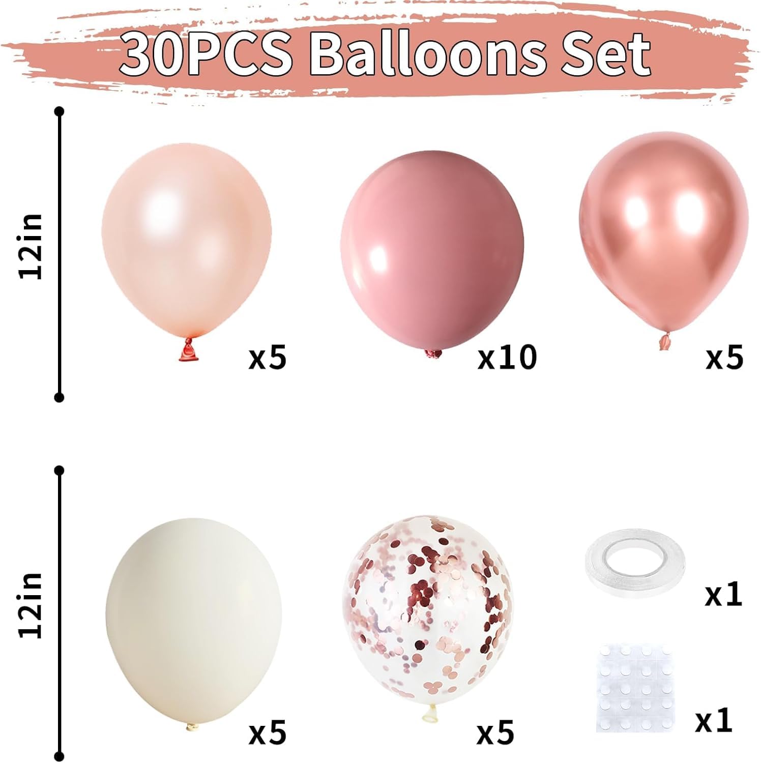 Dagelar Dusty Pink Boho Blush Balloons Set – Rose Gold, Ivory White & Confetti for Bridal, Baby Shower & Birthday Decor