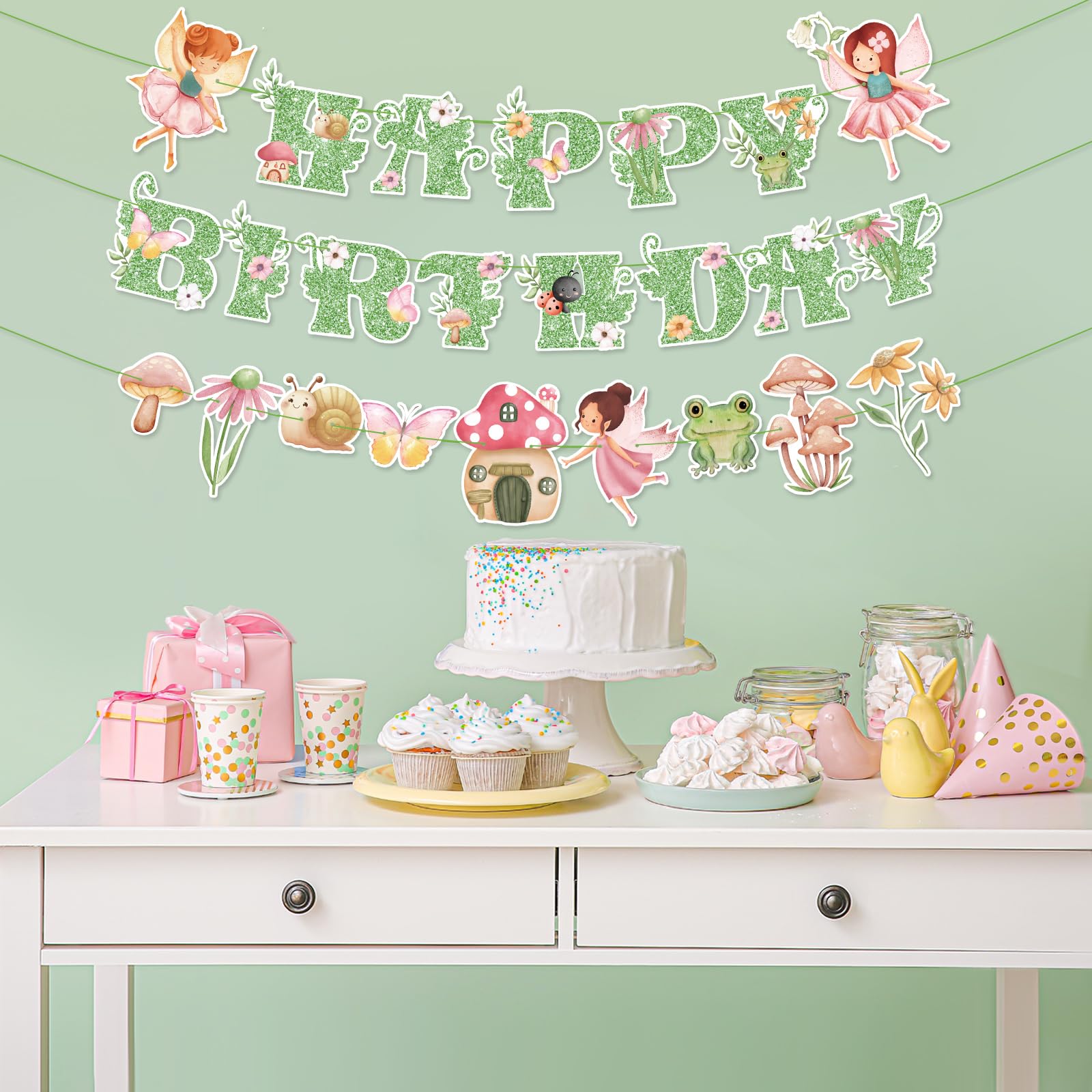 Daifunli 3 Pcs Fairy Birthday Banner – Green Glitter Happy Birthday Garland for Themed Parties