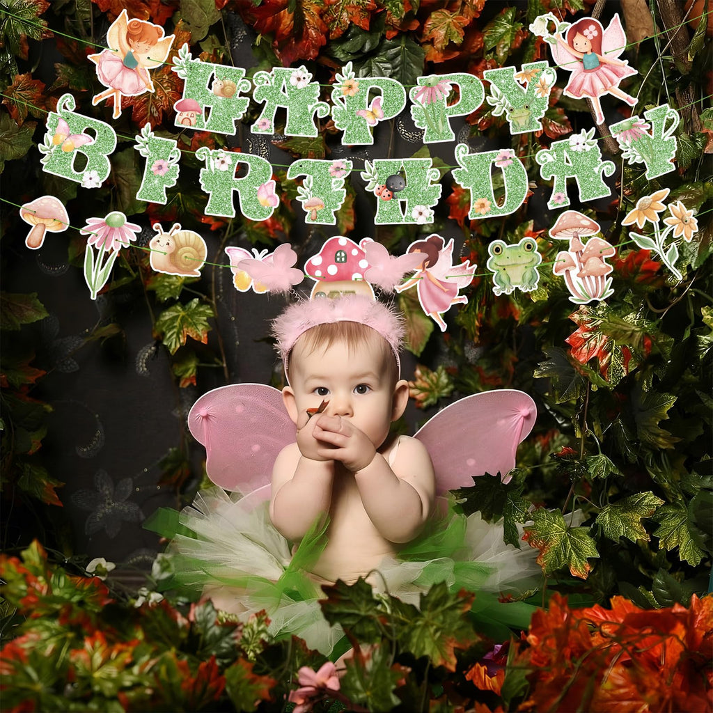 Daifunli 3 Pcs Fairy Birthday Banner – Green Glitter Happy Birthday Garland for Themed Parties