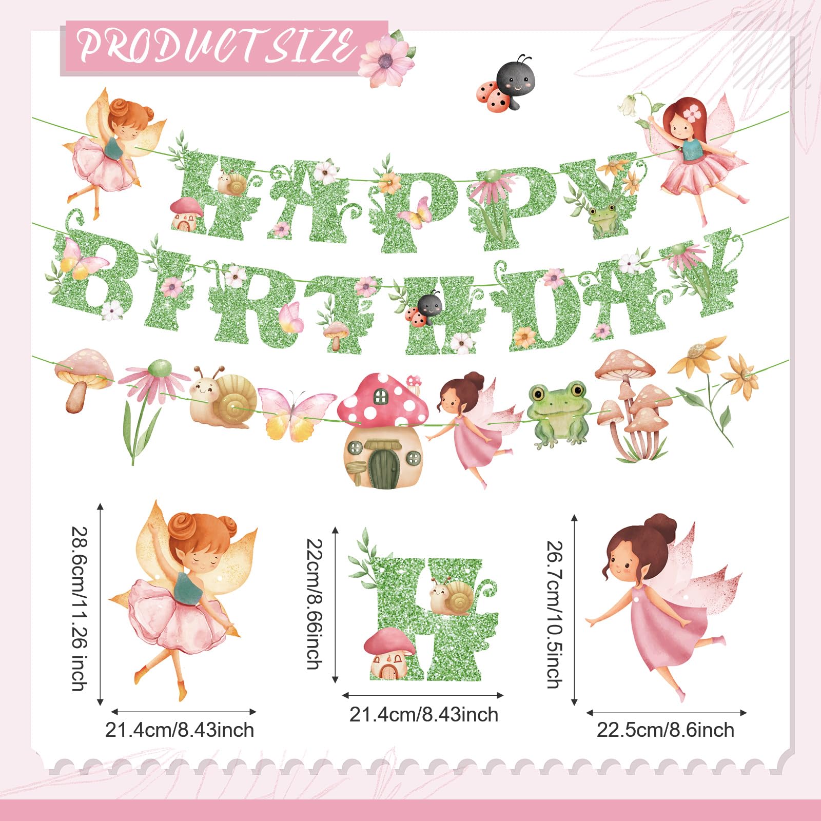 Daifunli 3 Pcs Fairy Birthday Banner – Green Glitter Happy Birthday Garland for Themed Parties