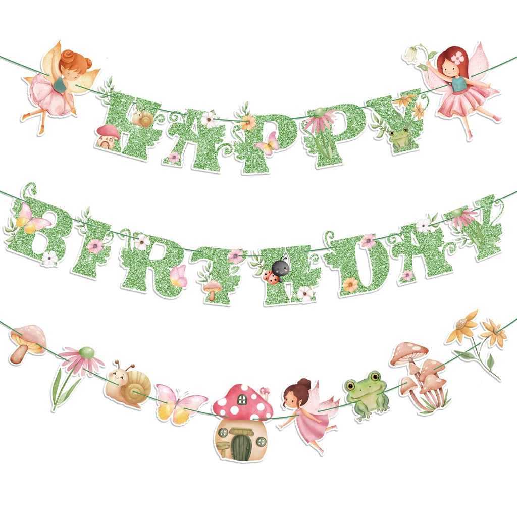 Daifunli 3 Pcs Fairy Birthday Banner – Green Glitter Happy Birthday Garland for Themed Parties