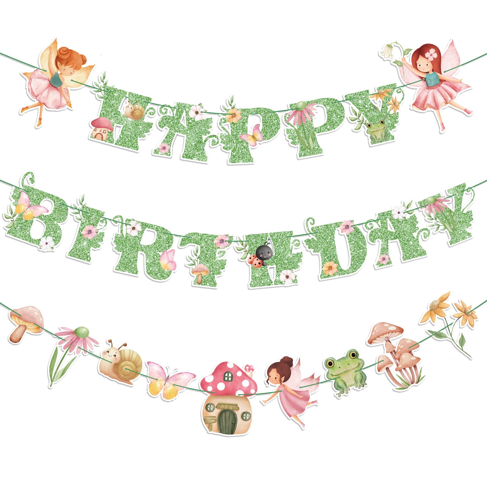 Daifunli 3 Pcs Fairy Birthday Banner – Green Glitter Happy Birthday Garland for Themed Parties