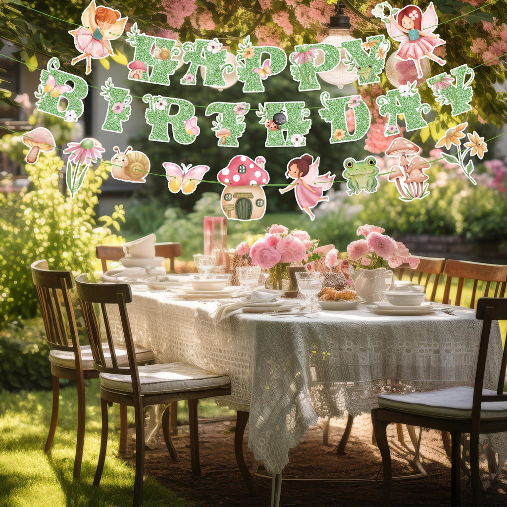 Daifunli 3 Pcs Fairy Birthday Banner – Green Glitter Happy Birthday Garland for Themed Parties