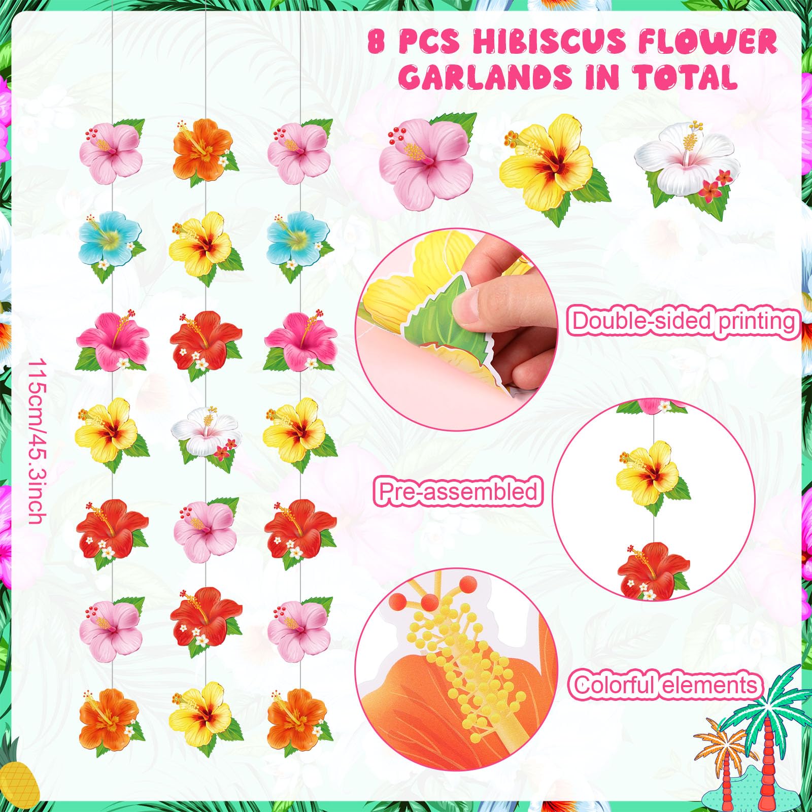 Daifunli 8 Pcs Hawaiian Luau Party Decorations – Hibiscus Garland Banners