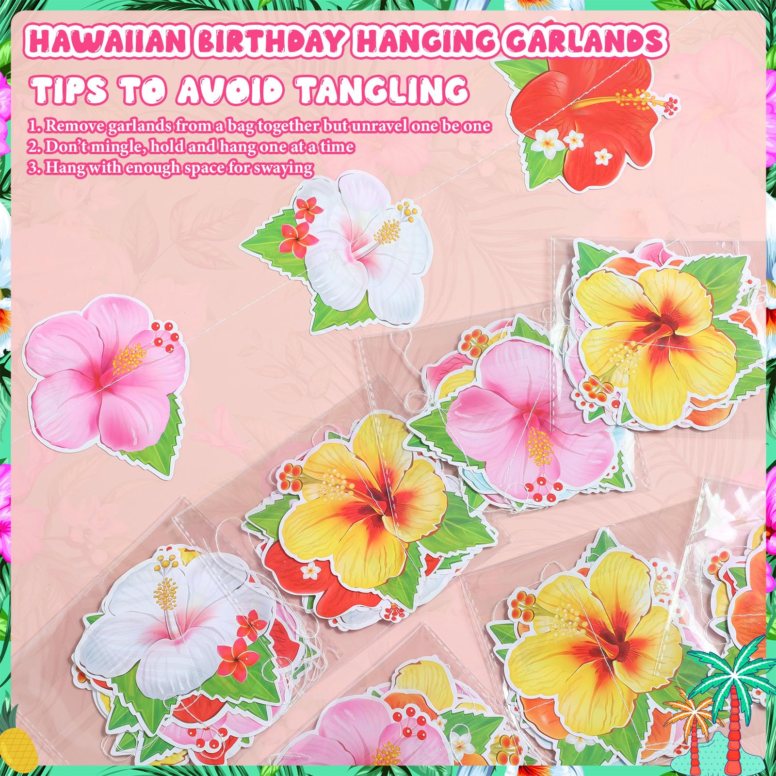 Daifunli 8 Pcs Hawaiian Luau Party Decorations – Hibiscus Garland Banners