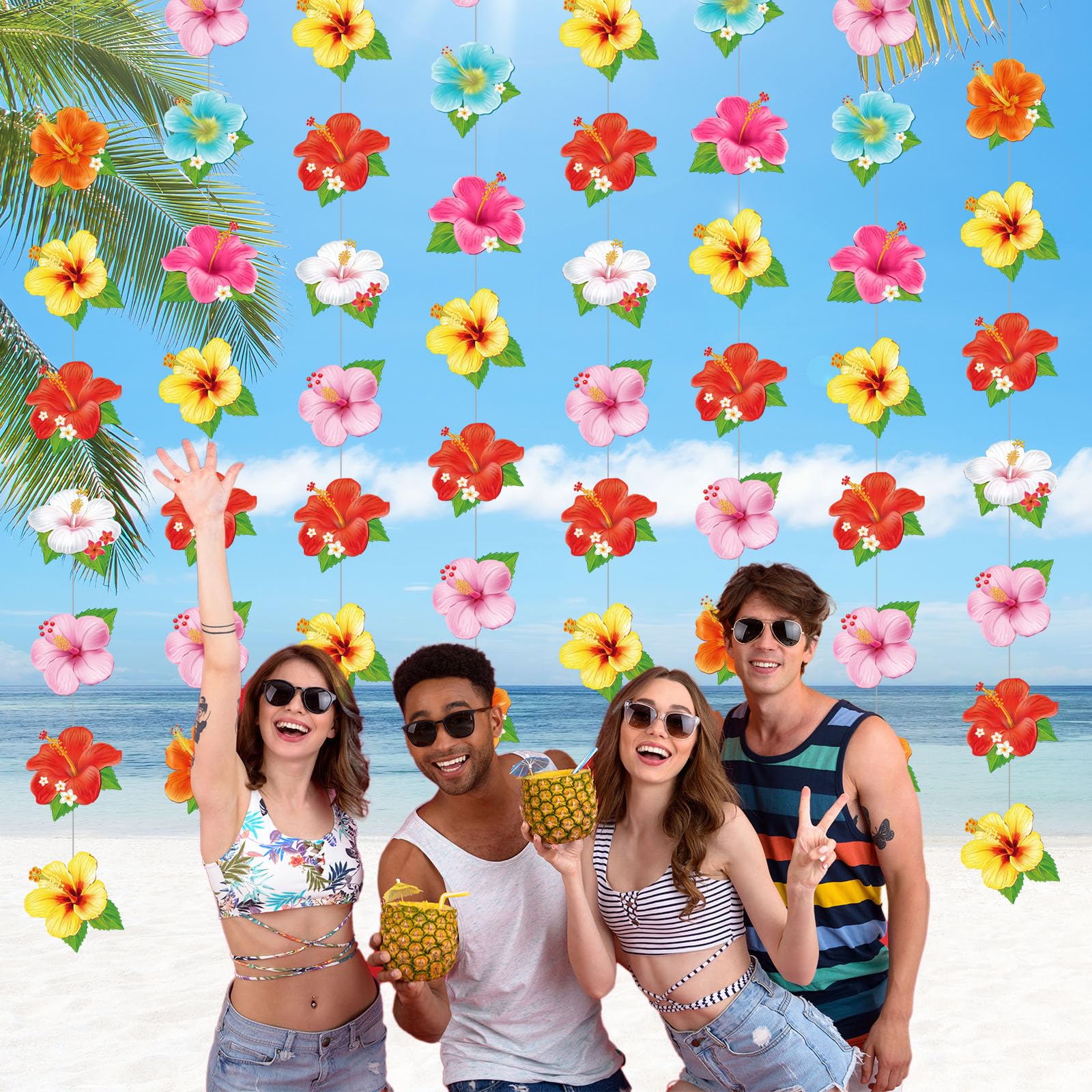 Daifunli 8 Pcs Hawaiian Luau Party Decorations – Hibiscus Garland Banners