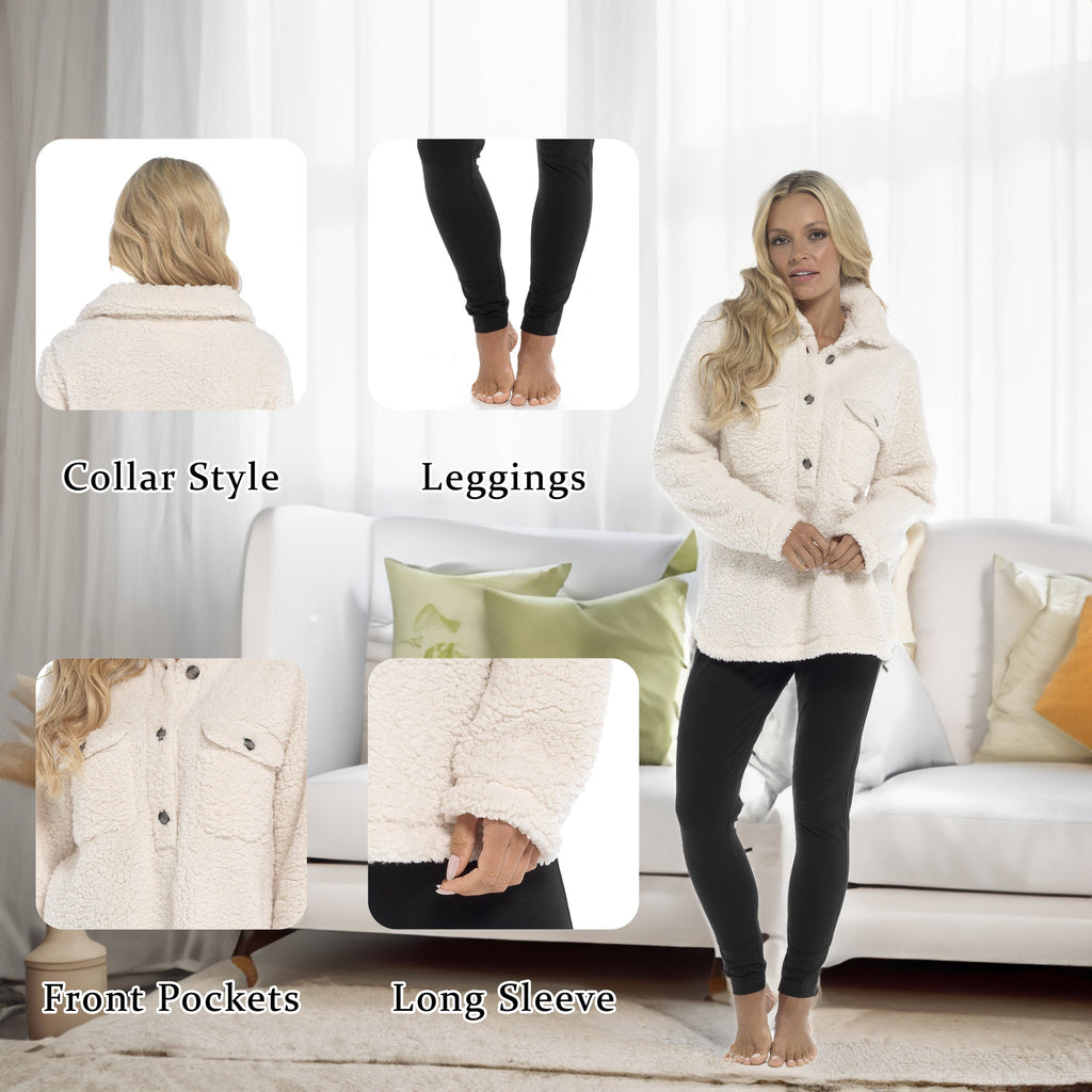 OLIVIA ROCCO Womens Sherpa Top And Leggings Lounge Set With Double Pockets Long Sleeve