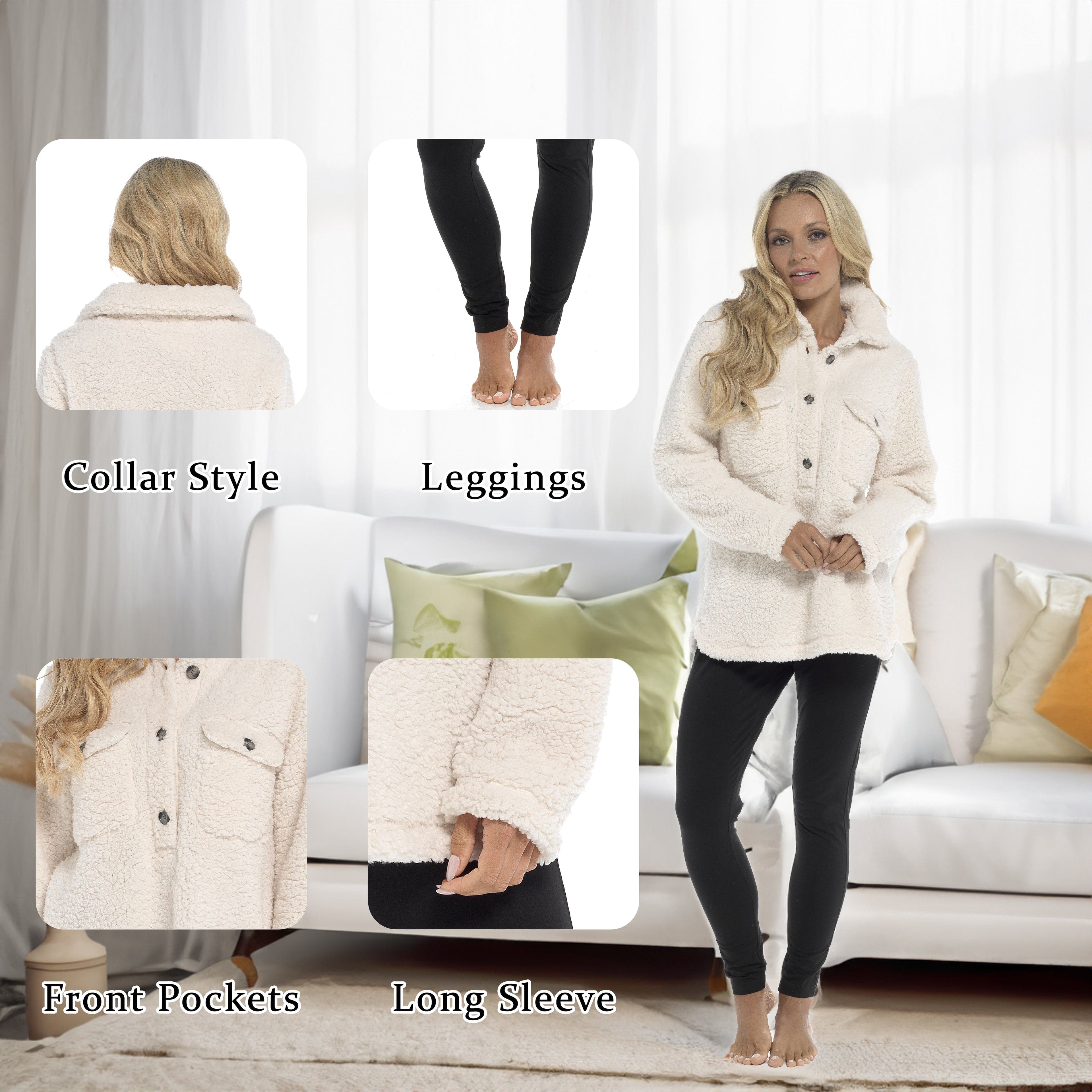 OLIVIA ROCCO Womens Sherpa Top And Leggings Lounge Set With Double Pockets Long Sleeve