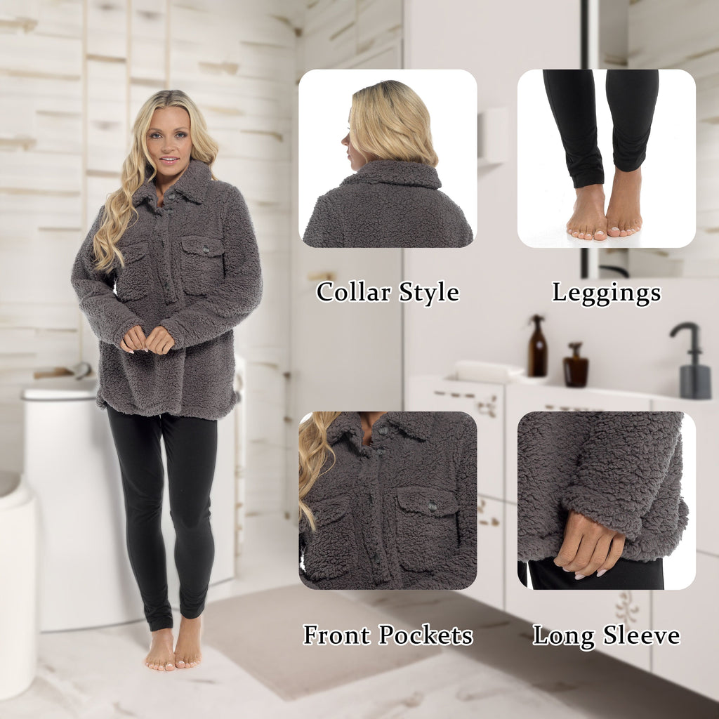 OLIVIA ROCCO Womens Sherpa Top And Leggings Lounge Set With Double Pockets Long Sleeve