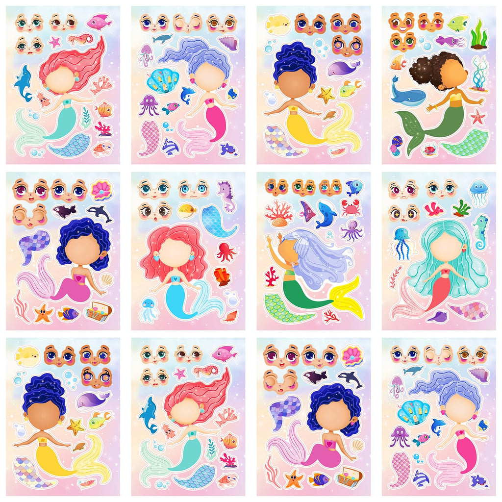 DaiUni Mermaid Stickers – 24 Sheets for Make Your Own Mermaid Faces, Kids Party Favors & Crafts