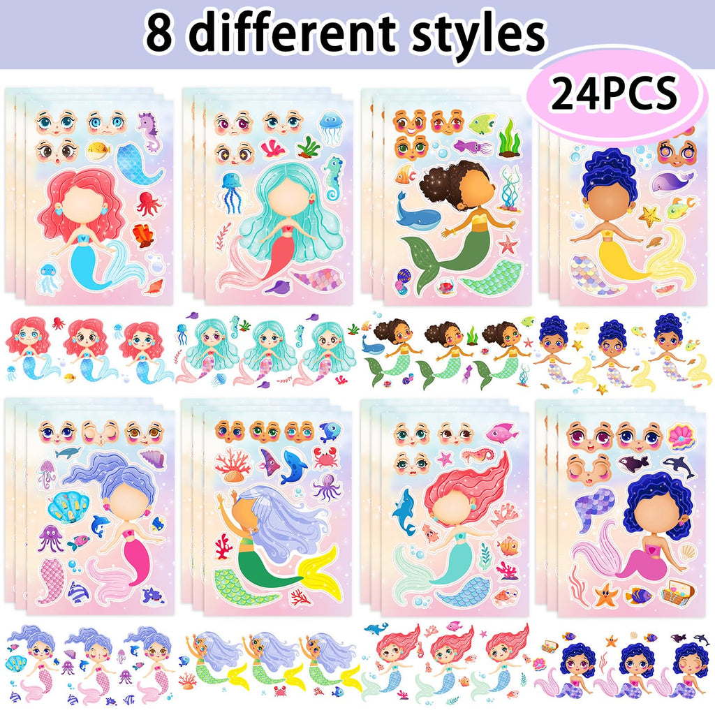 DaiUni Mermaid Stickers – 24 Sheets for Make Your Own Mermaid Faces, Kids Party Favors & Crafts