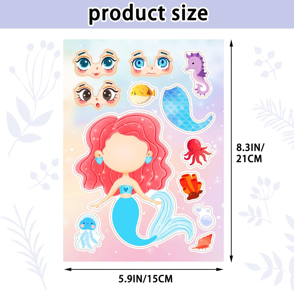 DaiUni Mermaid Stickers – 24 Sheets for Make Your Own Mermaid Faces, Kids Party Favors & Crafts