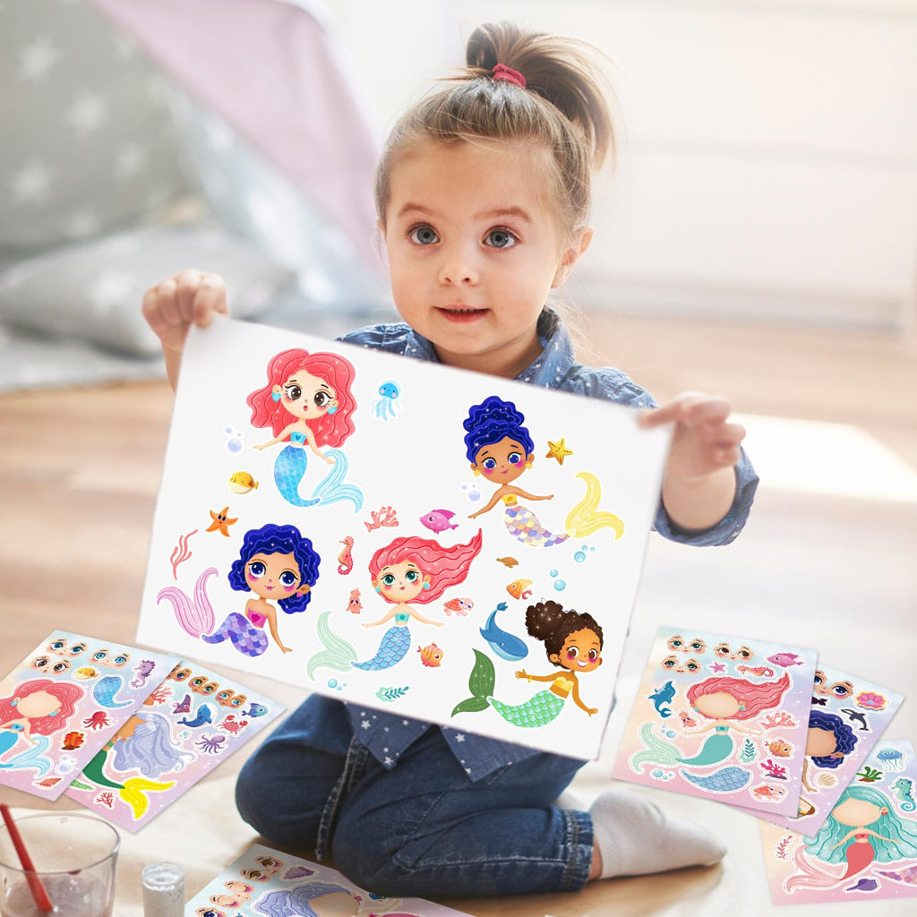 DaiUni Mermaid Stickers – 24 Sheets for Make Your Own Mermaid Faces, Kids Party Favors & Crafts
