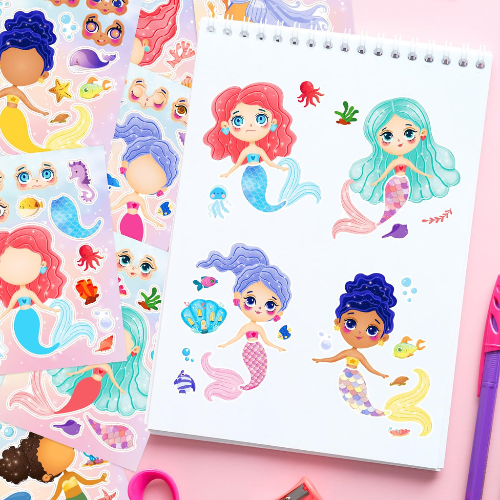 DaiUni Mermaid Stickers – 24 Sheets for Make Your Own Mermaid Faces, Kids Party Favors & Crafts
