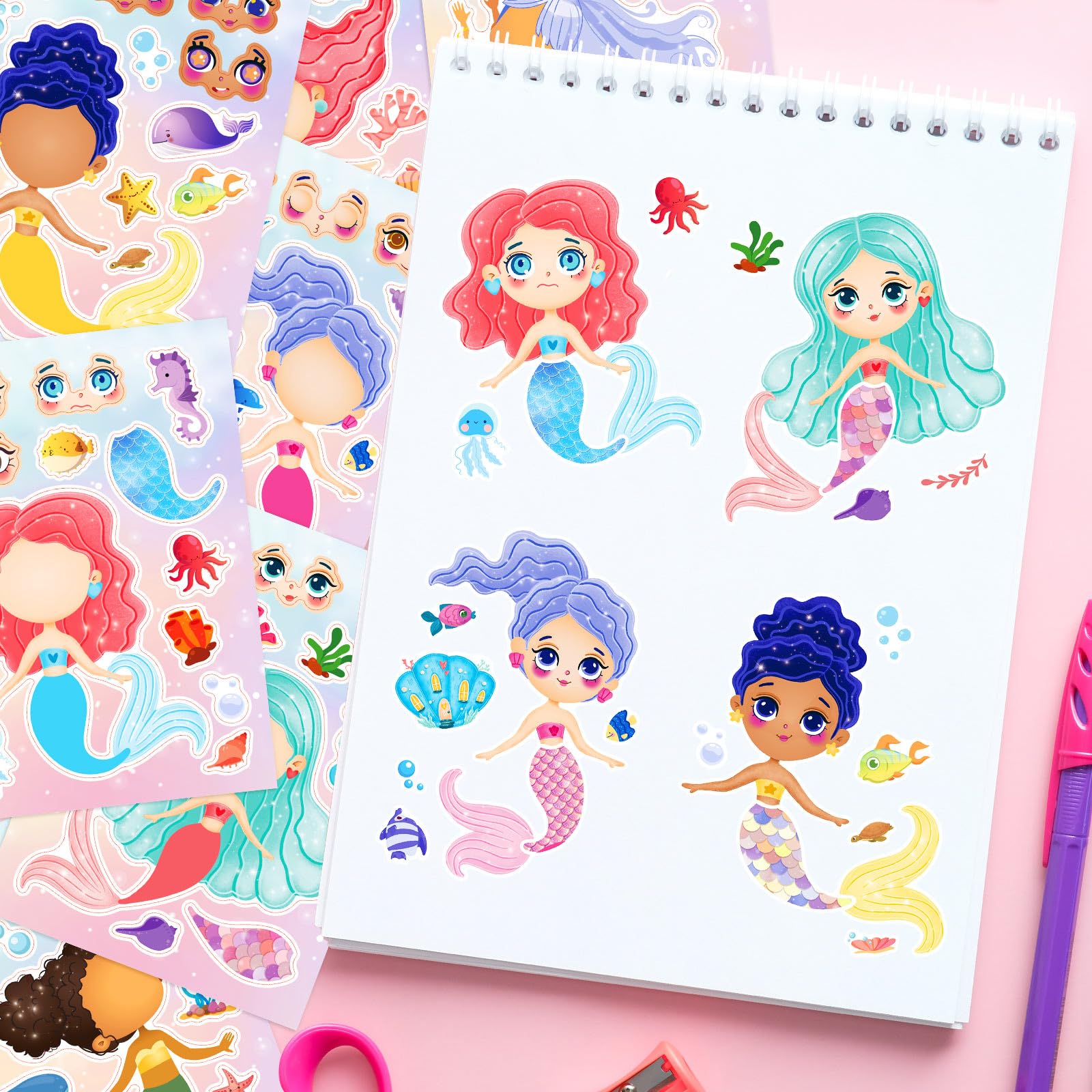 DaiUni Mermaid Stickers – 24 Sheets for Make Your Own Mermaid Faces, Kids Party Favors & Crafts
