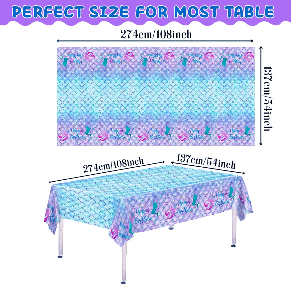DaiUni Mermaid Birthday Tablecloth 54x108 in – Waterproof Disposable Rectangle Table Cover for Kids Party