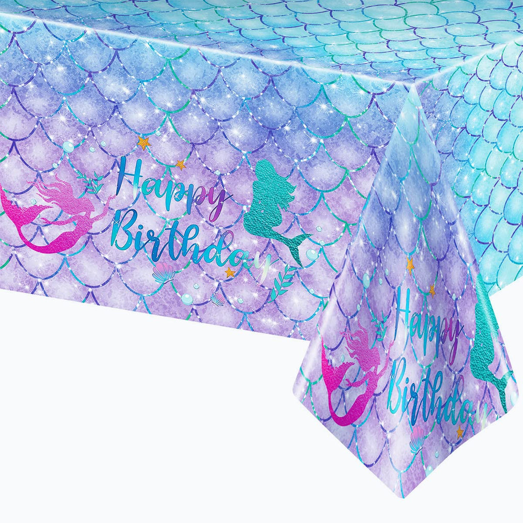 DaiUni Mermaid Birthday Tablecloth 54x108 in – Waterproof Disposable Rectangle Table Cover for Kids Party
