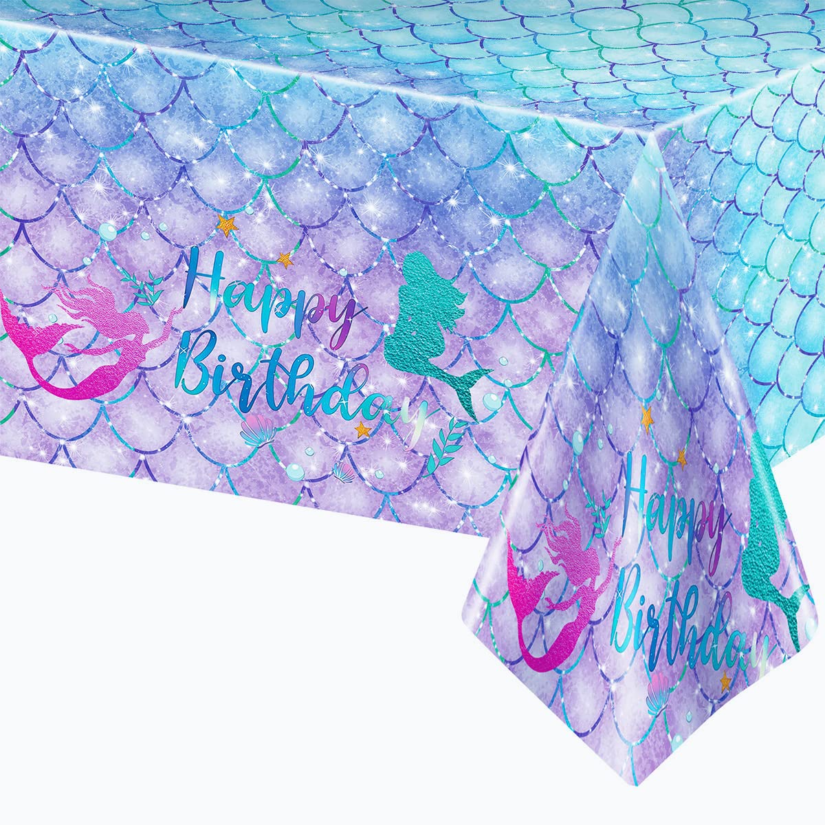 DaiUni Mermaid Birthday Tablecloth 54x108 in – Waterproof Disposable Rectangle Table Cover for Kids Party