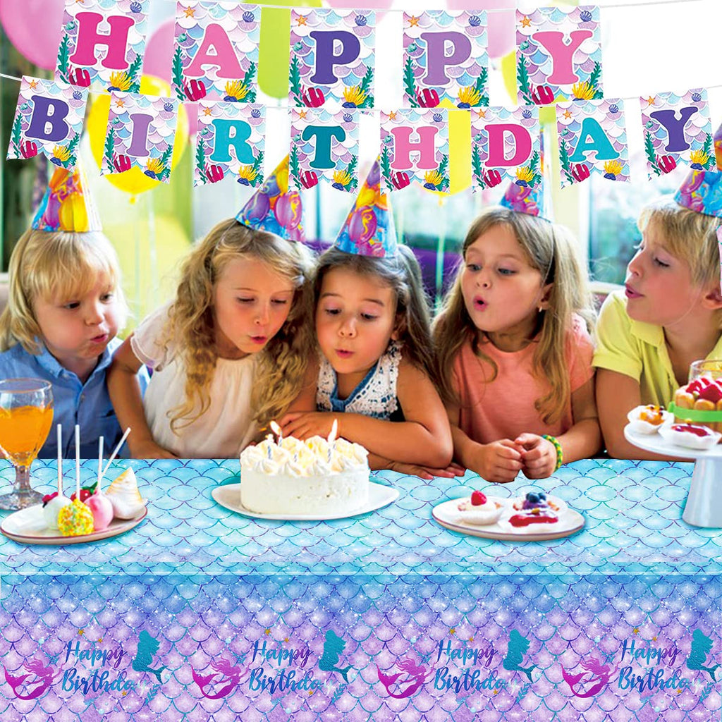 DaiUni Mermaid Birthday Tablecloth 54x108 in – Waterproof Disposable Rectangle Table Cover for Kids Party