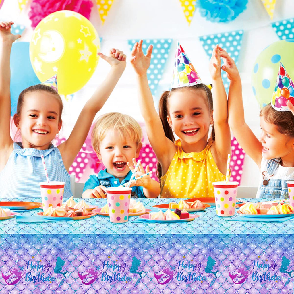 DaiUni Mermaid Birthday Tablecloth 54x108 in – Waterproof Disposable Rectangle Table Cover for Kids Party