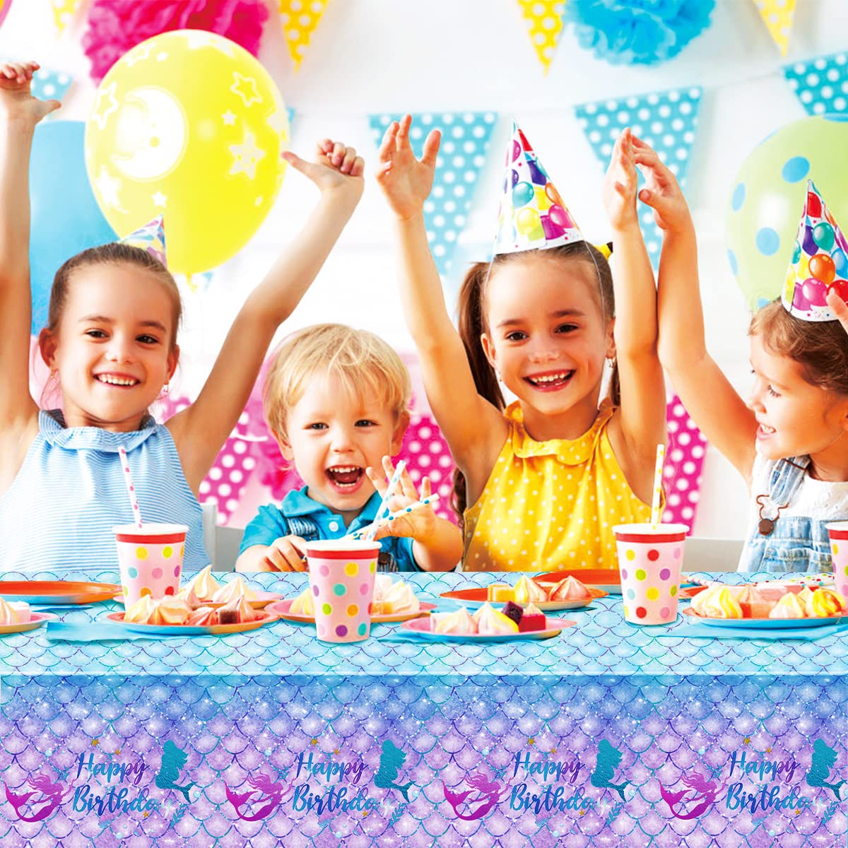 DaiUni Mermaid Birthday Tablecloth 54x108 in – Waterproof Disposable Rectangle Table Cover for Kids Party