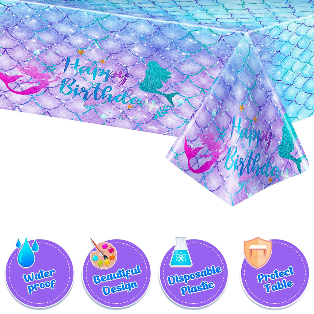 DaiUni Mermaid Birthday Tablecloth 54x108 in – Waterproof Disposable Rectangle Table Cover for Kids Party