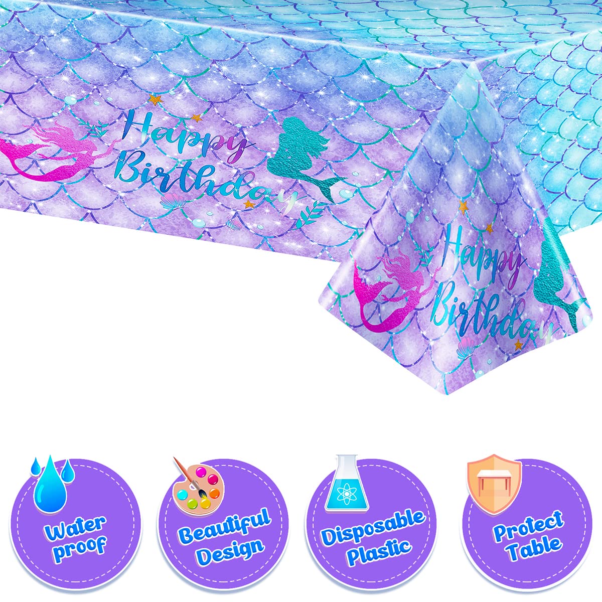 DaiUni Mermaid Birthday Tablecloth 54x108 in – Waterproof Disposable Rectangle Table Cover for Kids Party