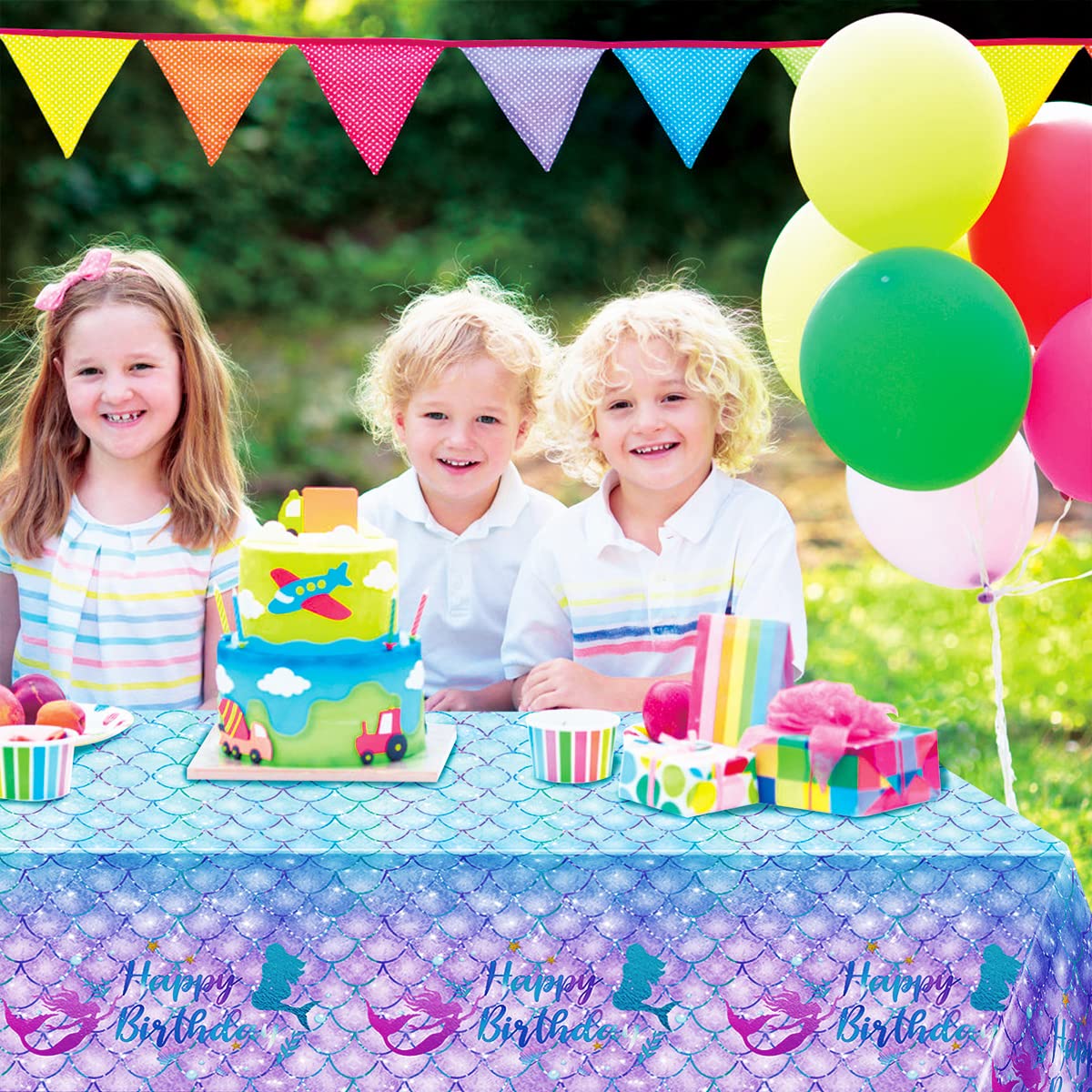 DaiUni Mermaid Birthday Tablecloth 54x108 in – Waterproof Disposable Rectangle Table Cover for Kids Party