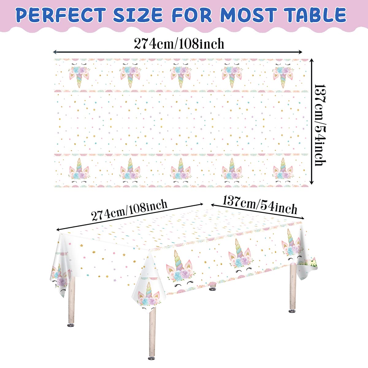 DaiUni 3PCS Unicorns Tablecloths – 54 x 108 in Disposable Party Covers