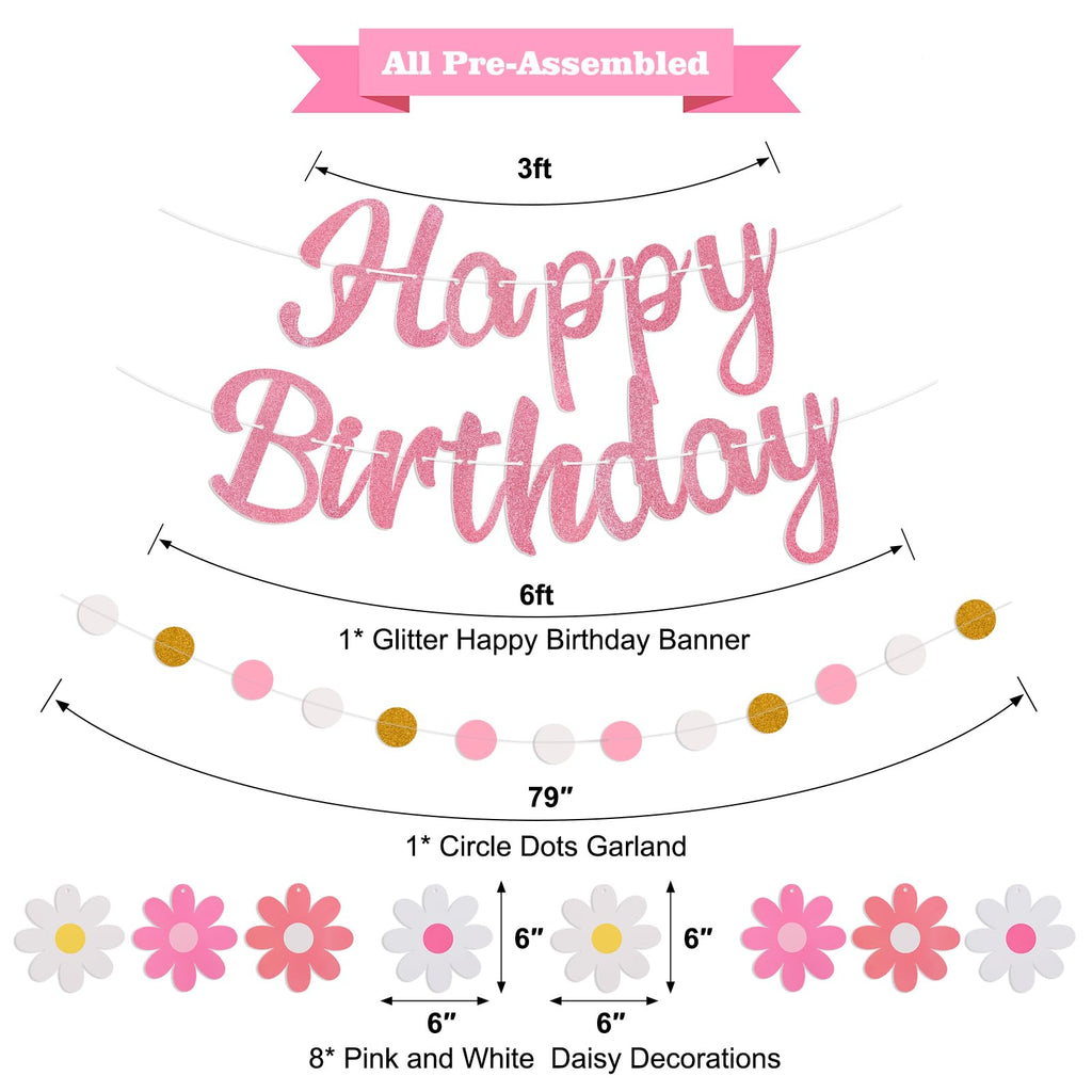 Danadia Pre-Strung Happy Birthday Banner – Pink Floral Garland with Circle Dot Accents