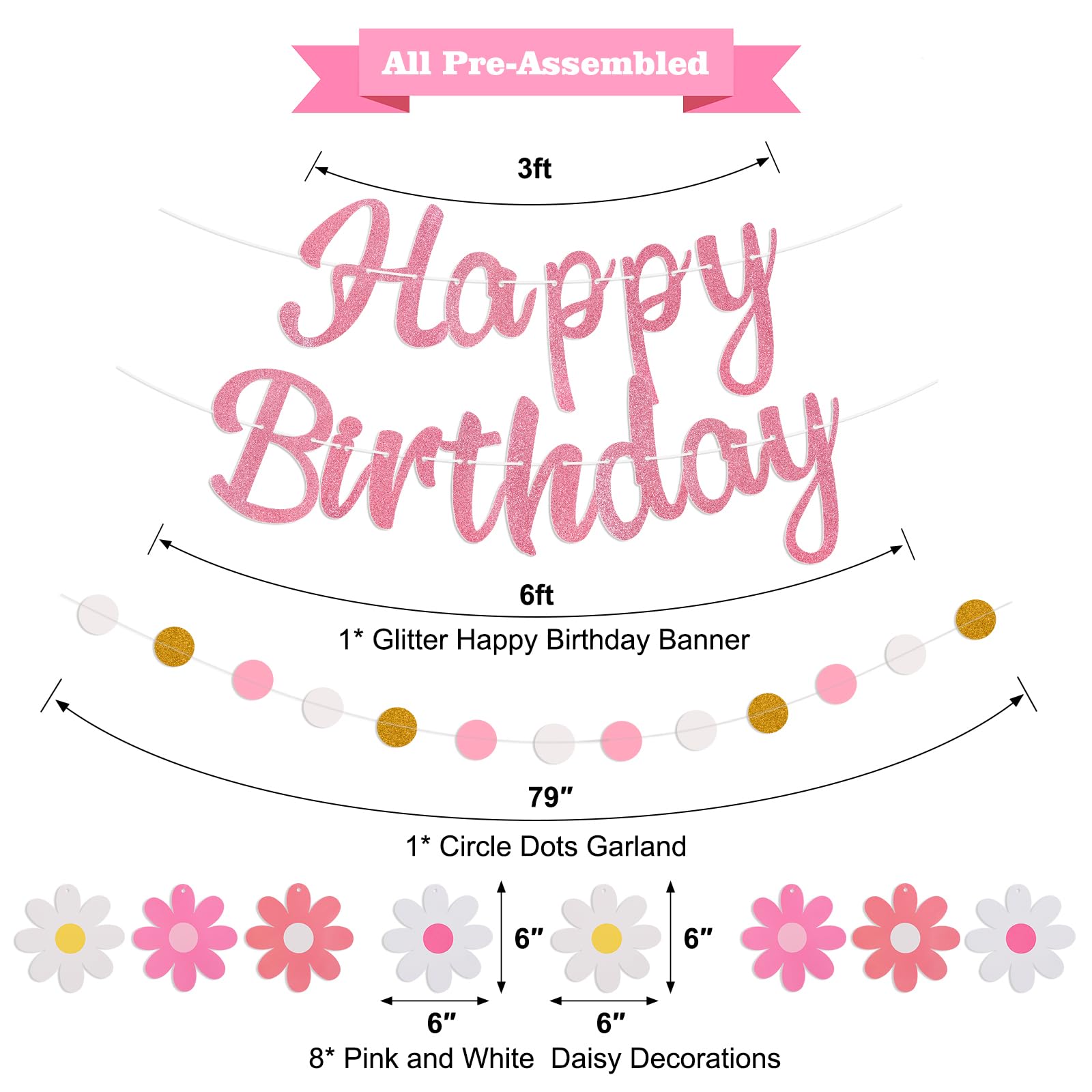Danadia Pre-Strung Happy Birthday Banner – Pink Floral Garland with Circle Dot Accents